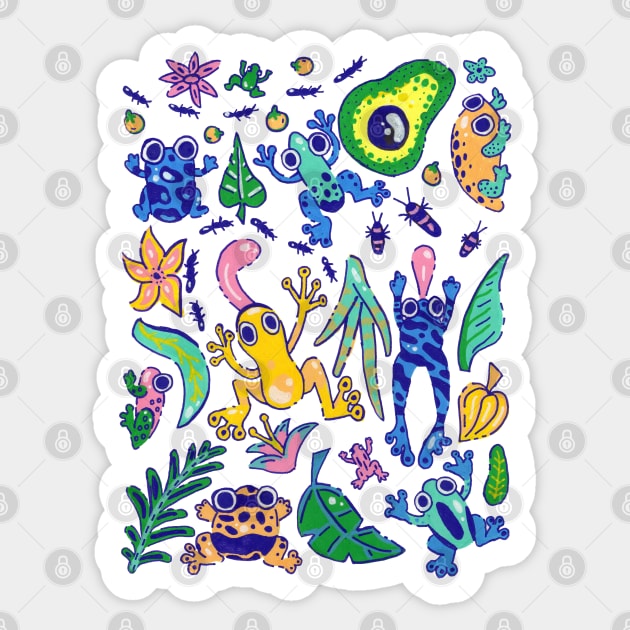 Vibrant Cartoon Dart Frogs Amphibian Pattern Sticker by narwhalwall